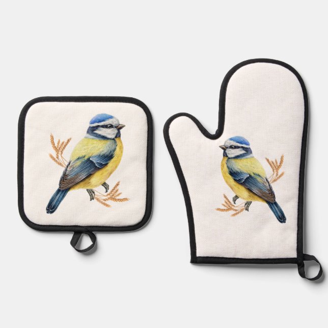 Golden Wheat und Blue Tit Ofenhandschuh & Topflappen-Set (Vorderseite)