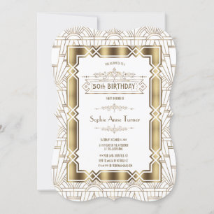 Golden White Art Deco Gatsby 20 50. Geburtstagspar Einladung