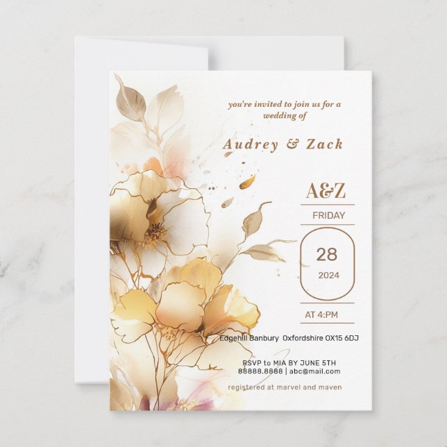 Golden white Blume WEDING Einladung (Vorderseite)