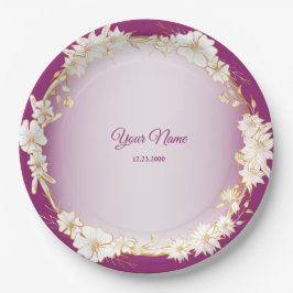 Golden White Floral Pink Geometric Wedding Party Pappteller