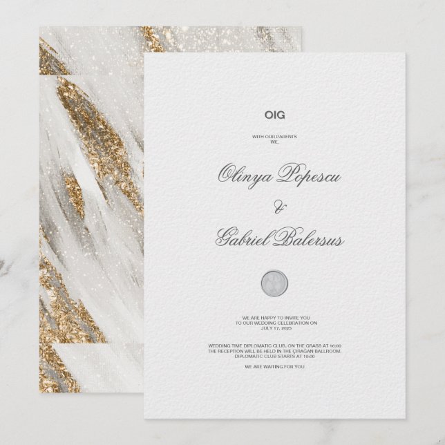 Golden White Foil Chic Hochzeitseinladung Einladung (Vorne/Hinten)