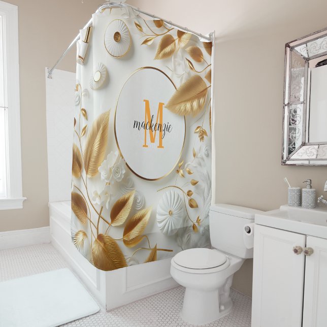 Golden White Luxe Orange Monogram Modernes Skript Duschvorhang (Von Creator hochgeladen)
