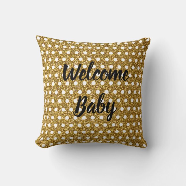 Golden White Polka Dots Glittery Baby Dusche Niedl Kissen (Vorderseite)