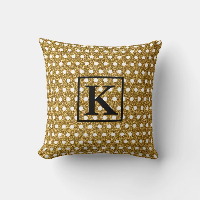 Golden White Polka Dots Glittery Monogram Initiale Kissen (Vorderseite)