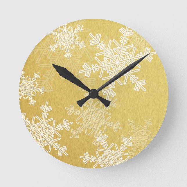 Golden White Snowflakes Minimalistisch Weihnachten Runde Wanduhr (Vorderseite)