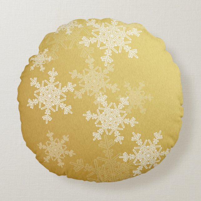 Golden White Snowflakes Minimalistisch Weihnachten Rundes Kissen (Vorderseite)