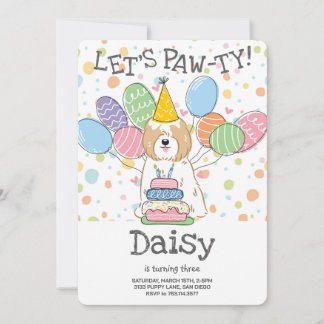 Golden White Tibeter Terrier Dog Birthday Party Einladung