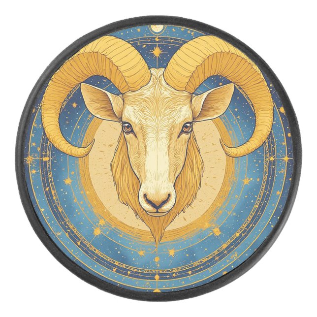 ♈ Golden Widder Blue Shield Zodiac Hockey Puck ✨ (Vorderseite)