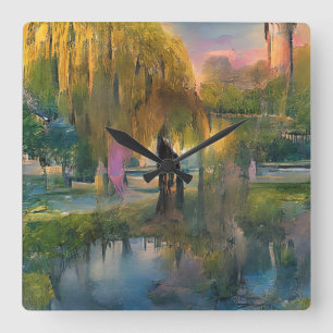 Golden Willow tree bei Sonnenuntergang am Teich ab Quadratische Wanduhr