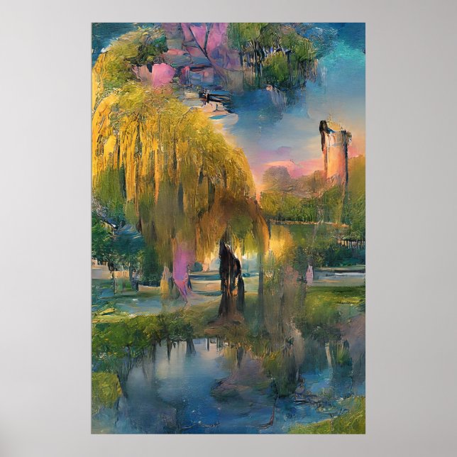 Golden Willow tree bei Sonnenuntergang am Teich Poster (Vorne)