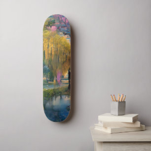 Golden Willow tree bei Sonnenuntergang am Teich Skateboard