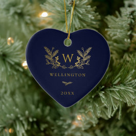 Golden Winter Sprigs Monogram Blue Keramik Ornament