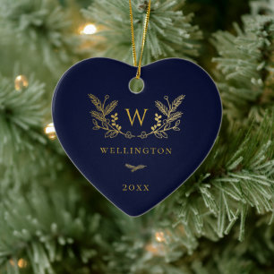 Golden Winter Sprigs Monogram Blue Keramik Ornament