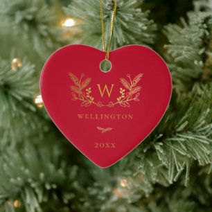 Golden Winter Sprigs Monogram Red Keramik Ornament