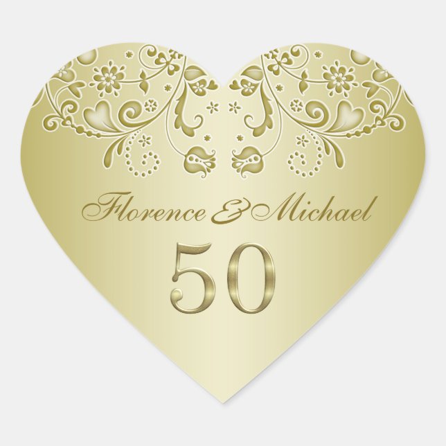 Golden Wirbel 50. Hochzeitsticker Herz-Aufkleber (Vorderseite)