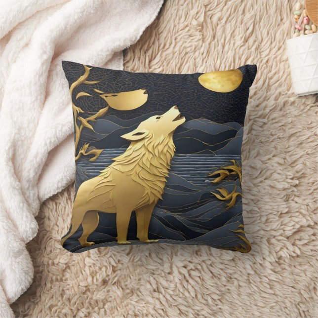 Golden Wolf Howling unter Vollmond Kissen (Decke)