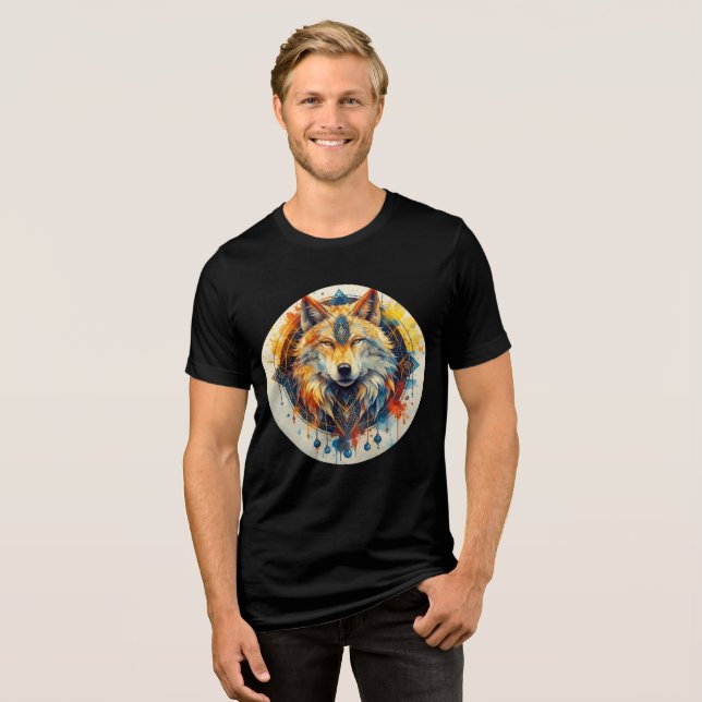 Golden Wolf with Tribal Mandala Design Tri-Blend Shirt (Vorderseite voll)