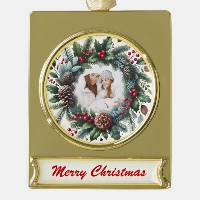 Golden Wreath – Customizable Christmas Keepsake Banner-Ornament Gold (Vorderseite)