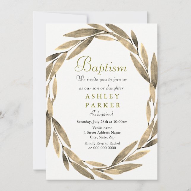 Golden Wreath Golden Leaf Boy Girl Taufe Einladung (Vorderseite)