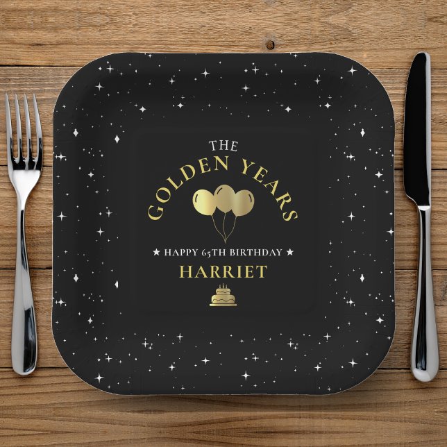 Golden Years 65. Geburtstag Pappteller (Black & Gold Star Golden Years 65th Birthday Paper Plates)