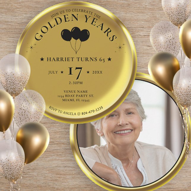 Golden Years Foto 65. Geburtstagsparty Einladung (Gold Coin Golden Years Photo 65th Birthday Party Invitation)