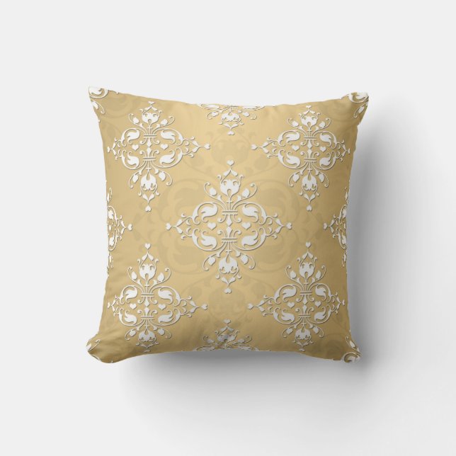 Golden Yellow and White Damask Muster Kissen (Vorderseite)