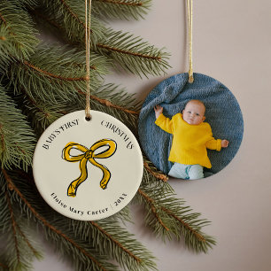 Golden Yellow Bow Baby's First Christmas Foto Keramik Ornament