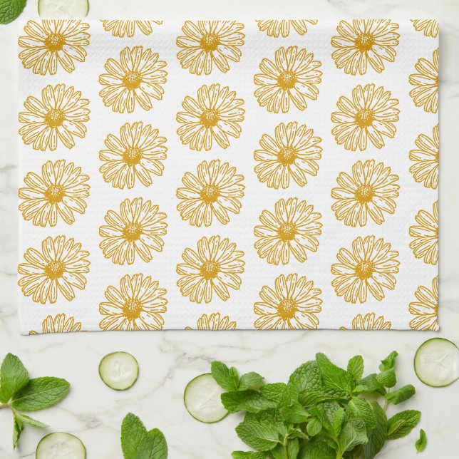 Golden Yellow Daisies Print, Daisy Floral Pattern Geschirrtuch (Gefaltet)