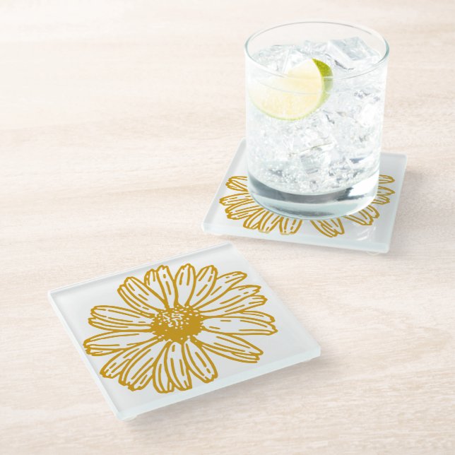 Golden Yellow Daisies Print, Daisy Floral Pattern Glasuntersetzer (Schrägansicht)