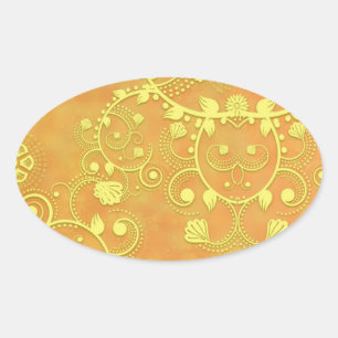 Golden Yellow Extravagant Floral Damask Muster Ovaler Aufkleber