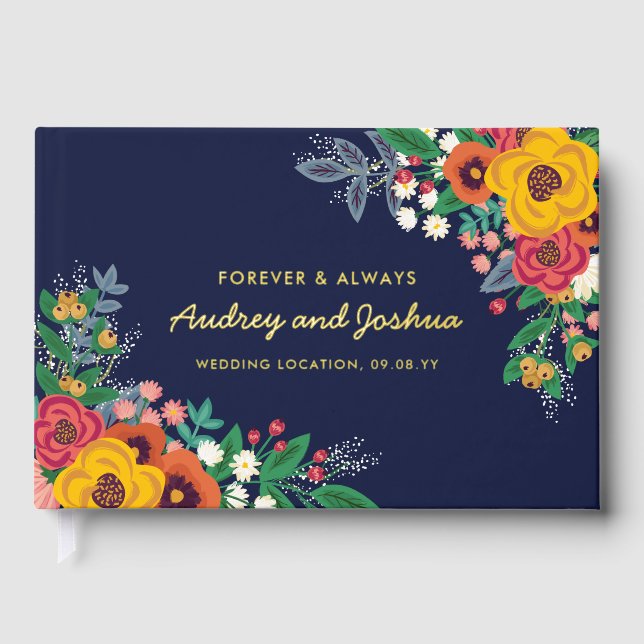 Golden Yellow Floral Navy Boho Gold Hochzeit Gästebuch (Vorderseite)