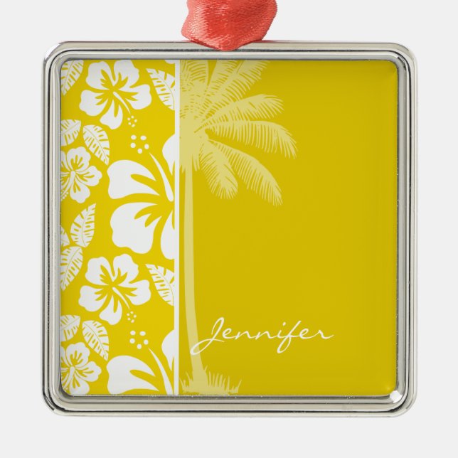 Golden Yellow Hawaiian Tropical Palm Silbernes Ornament (Vorne)