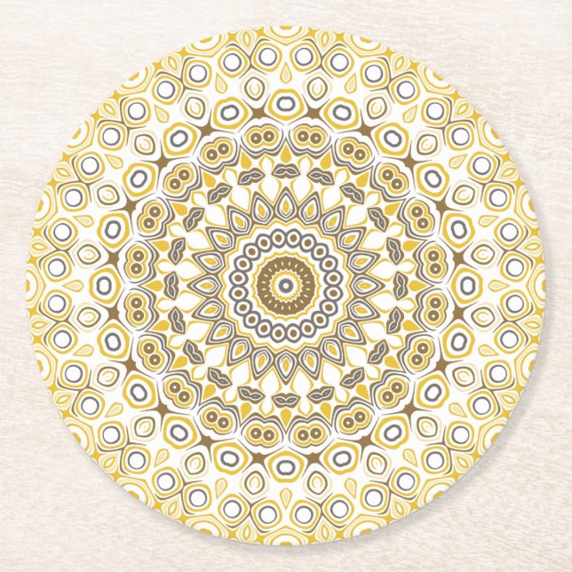 Golden Yellow Mandala Pattern Runder Pappuntersetzer (Vorderseite)