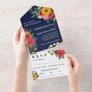 Golden Yellow Navy Boho Blume All In One Einladung
