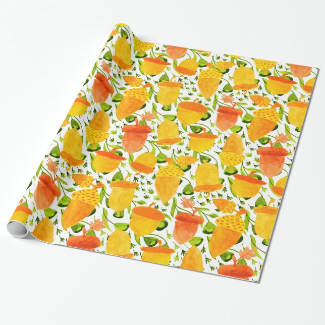 Golden Yellow & Orange Acorn Muster Geschenkpapier (Ungerollt)