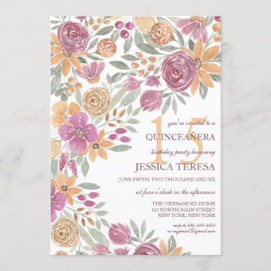 Golden Yellow Pink Floral Wasserfarbe Quinceañera Einladung