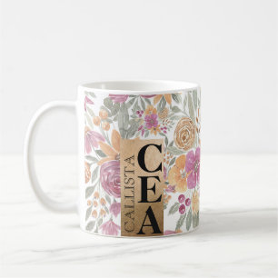 Golden Yellow Pink Floral Water Monogram Kaffeetasse