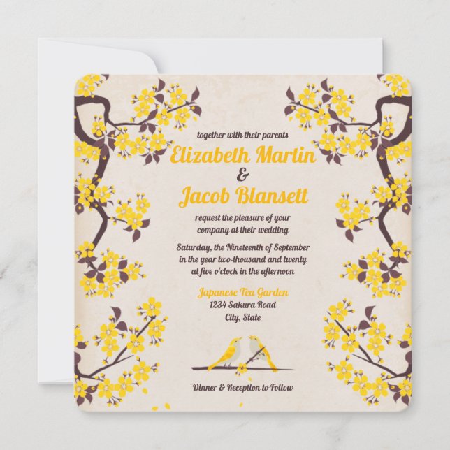 Golden Yellow Sakura und Love Birds Wedding Einladung (Vorderseite)