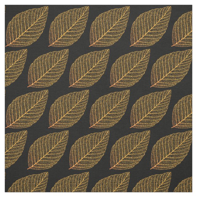 Golden Yellow Skeleton Leaf Muster über schwarz Stoff (Muster)