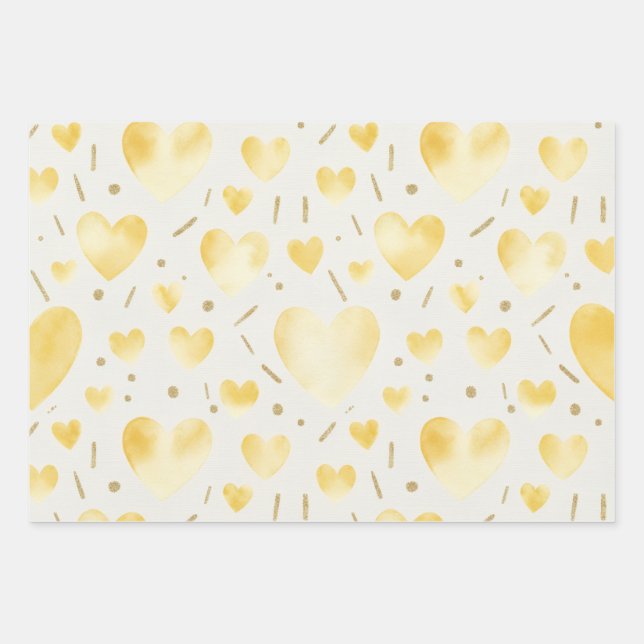 Golden Yellow Watercolor & Glitter Hearts Geschenkpapier Set (Vorderseite)