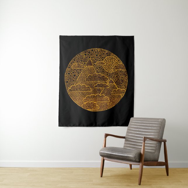 Golden Zen Landschaft Black Wall Tapestes Wandteppich (Beispiel)