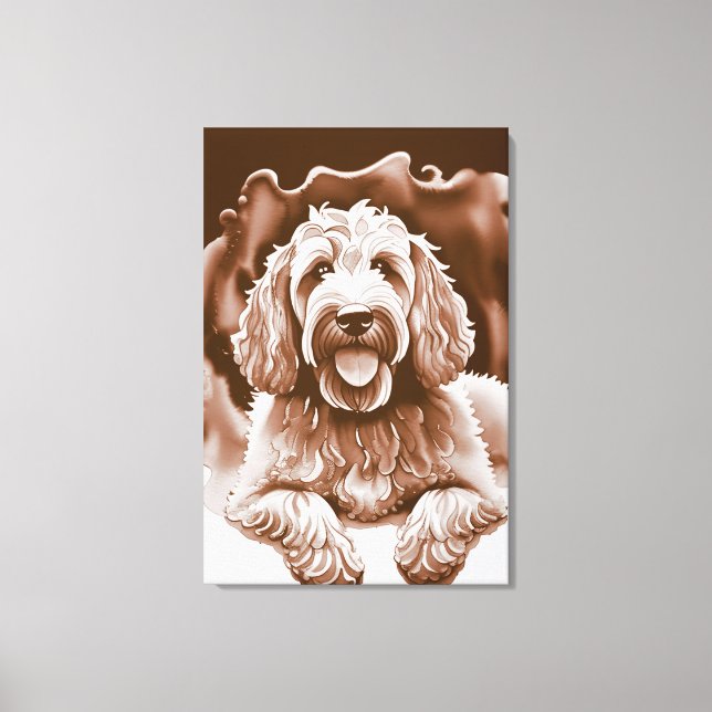 Goldendoodle Art "Happy Dog" Warme neutrale Farben Leinwanddruck (Vorderseite)