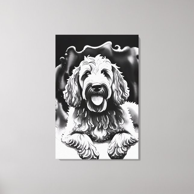 Goldendoodle Art Schwarz-weiß Sketch "Happy Dog" Leinwanddruck (Vorderseite)