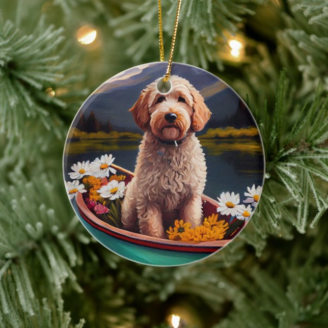 Goldendoodle auf dem Paddle: Ein Landschaftliches  Keramik Ornament (Baum)