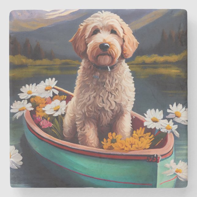 Goldendoodle auf dem Paddle: Ein Landschaftliches  Steinuntersetzer (Vorderseite)