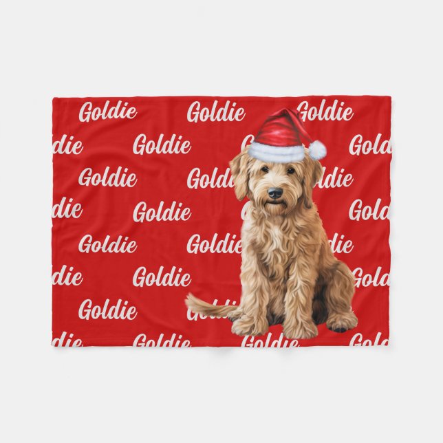 Goldendoodle auf Red mit Name Christmas Dog Fleecedecke (Vorderseite (Horizontal))