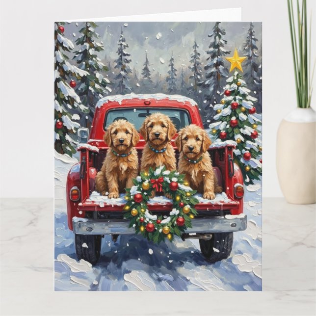 Goldendoodle Christmas Red Truck Holiday Karte (Vorderseite)