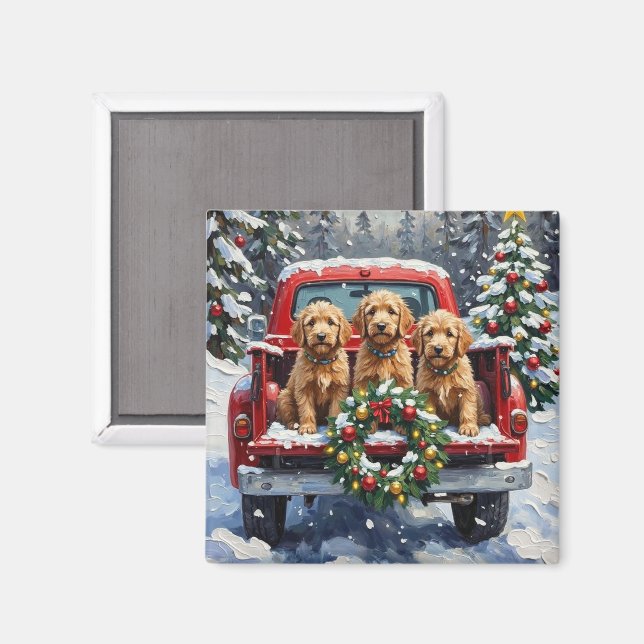 Goldendoodle Christmas Red Truck Holiday Magnet (Vorderseite/Rückseite)
