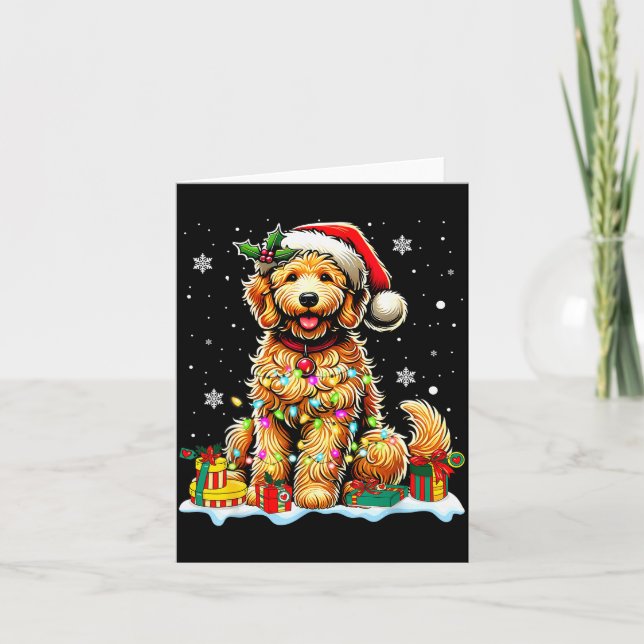 Goldendoodle Christmas Santa Hat Fairy Lights Paja Karte (Vorderseite)