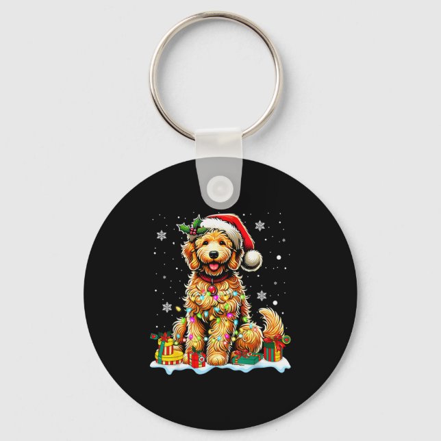 Goldendoodle Christmas Santa Hat Fairy Lights Paja Schlüsselanhänger (Vorderseite)